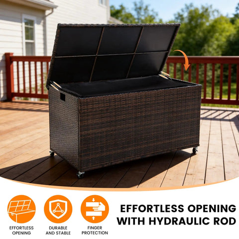 Boss Grade 170 Gallon Outdoor Deck Box Crafted From Durable Wicker Rattan With Smooth Roll Wheels open with hydraulic rod on patio.