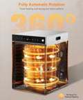Heavy Duty Rotary Food Dehydrator And Biltong Maker With Led Digital Console, 24 Hour Timer, Twenty Stainless Steel Trays showing automatic rotation feature.
