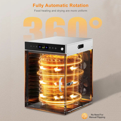 Heavy Duty Rotary Food Dehydrator And Biltong Maker With Led Digital Console, 24 Hour Timer, Twenty Stainless Steel Trays showing automatic rotation feature.