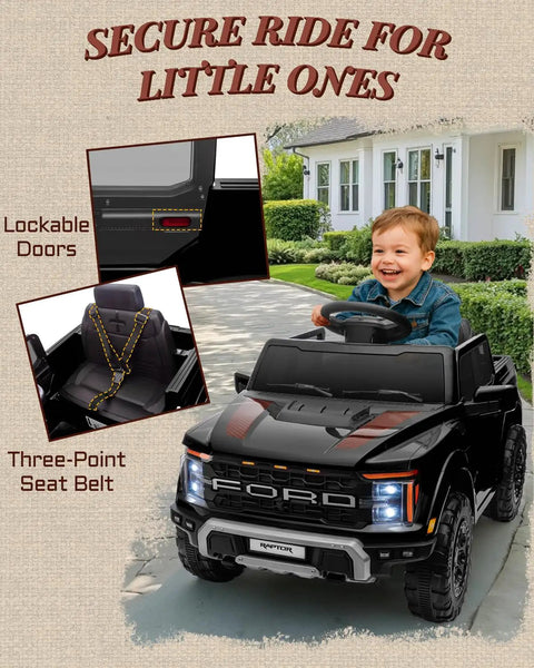 Child in black Ford F-150 Raptor Licensed 12V Ride On Truck For Kids With Parent Remote, LED lights, 3-point seat belt.