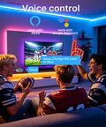 Music Sync LED Strip Lights 200 Feet RGB Color Changing With Alexa And Google Assistant Wi Fi App Control Voice Remote DIY Color Options For Bedroom Ambience in living room setting with people using voice control.
