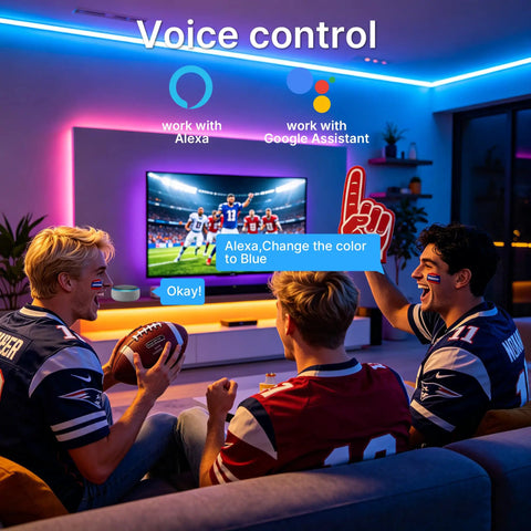 Music Sync LED Strip Lights 200 Feet RGB Color Changing With Alexa And Google Assistant Wi Fi App Control Voice Remote DIY Color Options For Bedroom Ambience in living room setting with people using voice control.