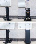 Heavy Duty Electric Stair Climber Hand Truck For Moving Heavy Gear Safely Over Curved Or Straight Steps With Telescopic Handle And 1200w Power Boosting, side and back views.