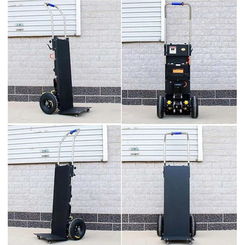 Heavy Duty Electric Stair Climber Hand Truck For Moving Heavy Gear Safely Over Curved Or Straight Steps With Telescopic Handle And 1200w Power Boosting, side and back views.