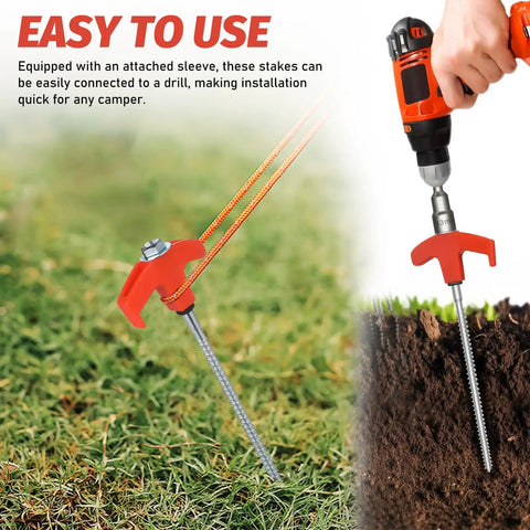 Rock Solid Heavy Duty Metal Tent Stakes Set With 7.87 Inch Screw In Pegs And Plastic Rotating Heads In Bright Orange