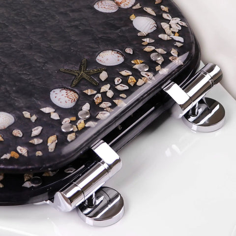 Deluxe Resin Maui Decorative Elongated Toilet Seat With Slow Close And No Slam Chrome Hinges For Coastal Beach House Decor Shells Theme