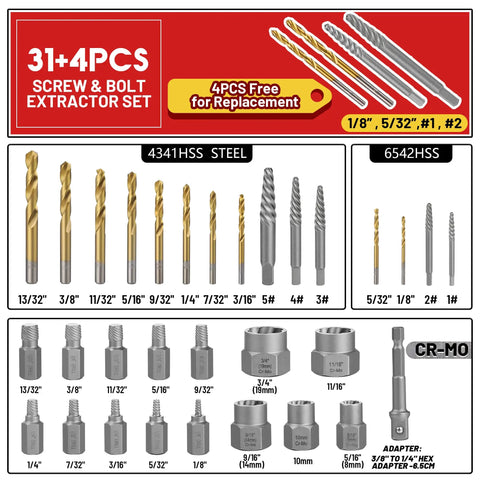 Diagram of 35 Piece Spiral Screw And Bolt Extractor Set With Left Handed Drill Bits, detailing sizes and components in HSS and CR-MO.