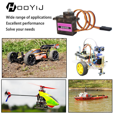 Collage showing MG90D 4 Pack 9G Digital Micro Servo with Full Metal Gears, 270 Degree Sweep installed in RC car, robot, drone, boat
