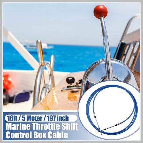 Boat deck with throttle handle and 16ft Marine Throttle And Shift Remote Control Box Cable Blue 5 Meter 197 Inch shown
