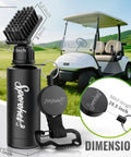 Pro Golf Club Brush Cleaner With Heavy Duty Retractable Clamp And Squeeze Bottle For 4 Oz Water Multi Purpose Cleaning Tool For Grooves Premium Golf Gear For Men, with dimensions and golf cart in background.