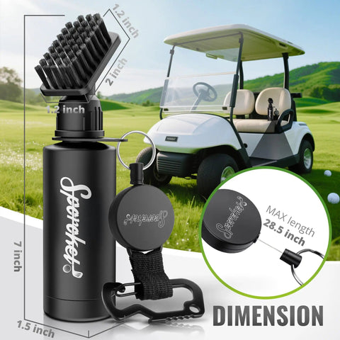 Pro Golf Club Brush Cleaner With Heavy Duty Retractable Clamp And Squeeze Bottle For 4 Oz Water Multi Purpose Cleaning Tool For Grooves Premium Golf Gear For Men, with dimensions and golf cart in background.