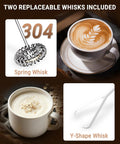 Image of handheld milk frother wand with 2 whisks, showing spring and Y-shape whisks, designed for creamy foam for lattes and cappuccinos.