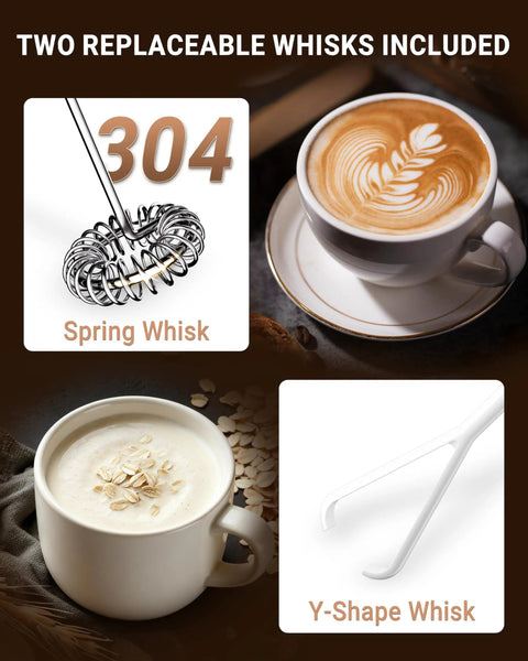 Image of handheld milk frother wand with 2 whisks, showing spring and Y-shape whisks, designed for creamy foam for lattes and cappuccinos.