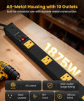 Heavy Duty Power Strip With 10 Grounded Outlets And Surge Protector on wooden surface, showcasing all-metal housing and 6ft cord.