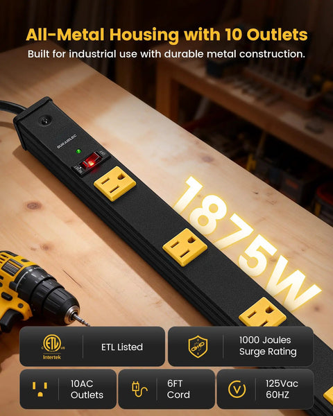 Heavy Duty Power Strip With 10 Grounded Outlets And Surge Protector on wooden surface, showcasing all-metal housing and 6ft cord.