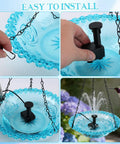 Hanging Bird Bath Fountain USB Powered Outdoor Water Feature In Blue With A Gentle Cascade To Attract Birds on patio