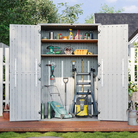 Outdoor Resin Storage Shed With Floor, 64 Cu Ft Vertical Storage Shed For Garage, open four-door access displaying tools