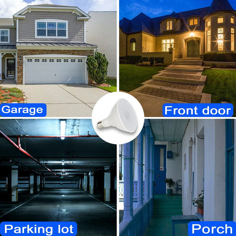 Radar Motion Sensor Outdoor Flood Light Bulbs PAR38 LED Dusk to Dawn Security Bulbs 15W 100W Equivalent 5000K Daylight for Porch Garage Driveway 360 Degree Coverage Weatherproof No Brainer Install 2 Pack used on garage, front door, parking lot, and porch