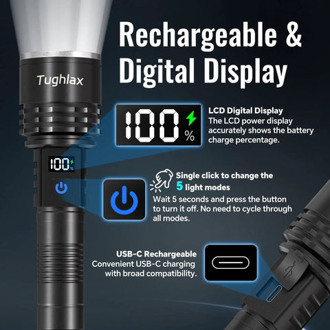 High Lumens Rechargeable LED Flashlights 2 Pack With Zoomable Beam And LCD Display 5 Modes Long Range Tactical Lights on LCD