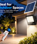 KUSOLE 200W/300W/500W Solar Floodlights & Outdoor Spotlights 300W with solar panel and remote control in outdoor setting.