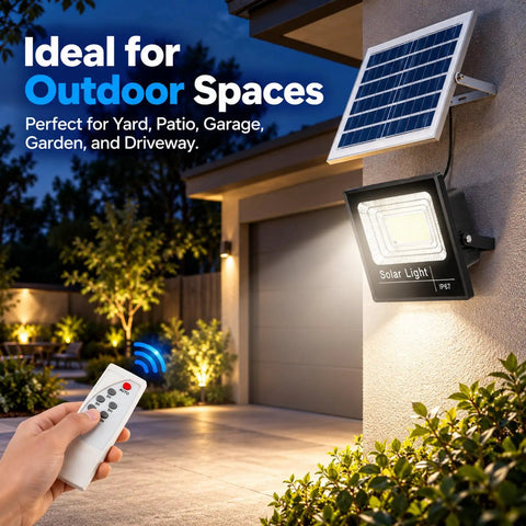 KUSOLE 200W/300W/500W Solar Floodlights & Outdoor Spotlights 300W with solar panel and remote control in outdoor setting.