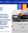 MFC-L3780CDW Wireless Color All In One Printer with touchscreen, paper tray, and fast access to cloud printing features.