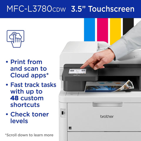 MFC-L3780CDW Wireless Color All In One Printer with touchscreen, paper tray, and fast access to cloud printing features.
