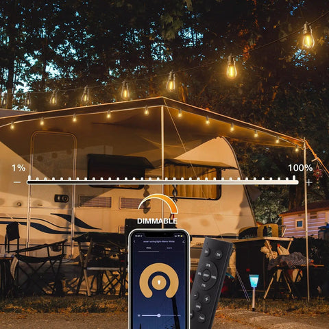 48 Feet LED Outdoor String Lights With App And Remote Control Dimmable Waterproof Patio Lighting illuminating RV awning at night