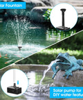 6.5W Solar Fountain Pump For Bird Bath No Fuss Easy Setup Multiple Nozzles Water Feature with pond and frog sculpture