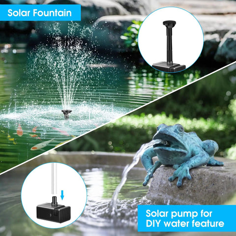 8W Solar Fountain Pump with 3600mAh Battery Backup for All Day Operation, 5 ft tubing and 5 nozzles in garden pond setup