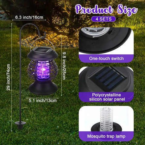 4 Pack Outdoor Solar Bug Zappers LED Waterproof 2 In 1 Hanging Mosquito Killer Cordless Garden Fly Insect Light For Backyard Patio Farm And Outdoor Spaces with dimensions and features like solar panel and mosquito trap.