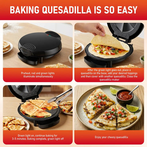 Super Cool 11 Inch Electric Quesadilla Maker With Extra Stuffing Latch Non Stick Plates Makes Easy Sliced Six Wedges preparing quesadillas.