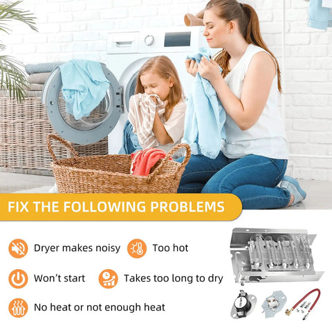 Mother and daughter with laundry in front of dryer next to Dryer Heating Element Replacement For Maytag Whirlpool Includes 279838 Replacement Element And 279816 Thermal Cut Off Kit Easy Fix For A Dryer With No Heat Fits Multiple Models Durable Quick Install