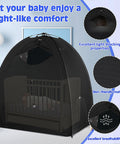 Zero Hassle Snap Together Blackout Tent For Pack And Play Is A Total Game Changer That Blocks Ninety Five Percent Of Light While Fitting Standard Playyards As Portable Nursery Sleep Pod With Handy Baby Monitor Pocket on a crib.