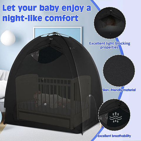 Zero Hassle Snap Together Blackout Tent For Pack And Play Is A Total Game Changer That Blocks Ninety Five Percent Of Light While Fitting Standard Playyards As Portable Nursery Sleep Pod With Handy Baby Monitor Pocket on a crib.