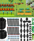 Drip Irrigation Kit 250 Feet With Quick Connect Micro System For Gardens And Lawns, includes tubing and nozzles, shown in use.