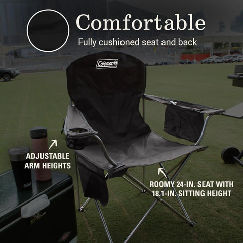 Portable Camping Chair With Built In Four Can Cooler Cushioned Seat And Back Side Pockets Cup Holder Carry Bag Included Ideal For Camping Tailgating Fire Pits Patio And More shown on grass field with adjustable arm heights and cushioned back