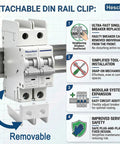 Tough As Nails 32A DC Miniature Circuit Breaker Rated Up To 600VDC showing removable DIN rail clip for easy installation.