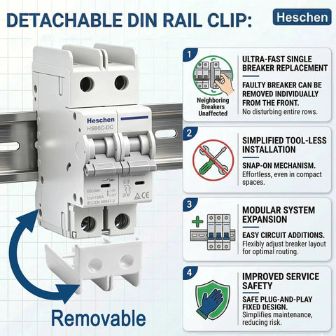 Tough As Nails 32A DC Miniature Circuit Breaker Rated Up To 600VDC showing removable DIN rail clip for easy installation.