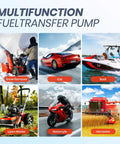 Collage of six uses for a multifunction fuel transfer pump: snow remover, car, boat, lawn mower, motorcycle, harvester.