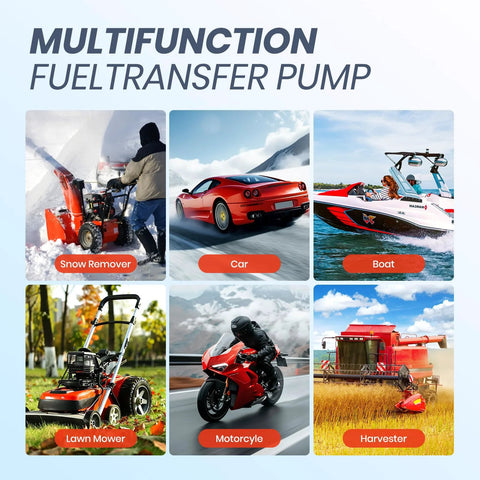 Collage of six uses for a multifunction fuel transfer pump: snow remover, car, boat, lawn mower, motorcycle, harvester.