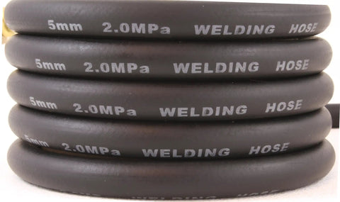 Flowmeter Hose For Shield Gas In TIG And MIG Welding, Braided Five Feet Long, 5mm diameter, black rubber with 5/8-18 male connectors