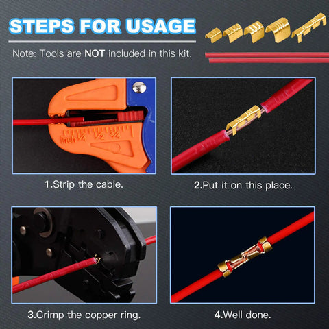 Steps for using U Shape Copper Wire Crimp Terminal Kit, 525 Piece Non Insulated All In One Assortment With Open Barrel
