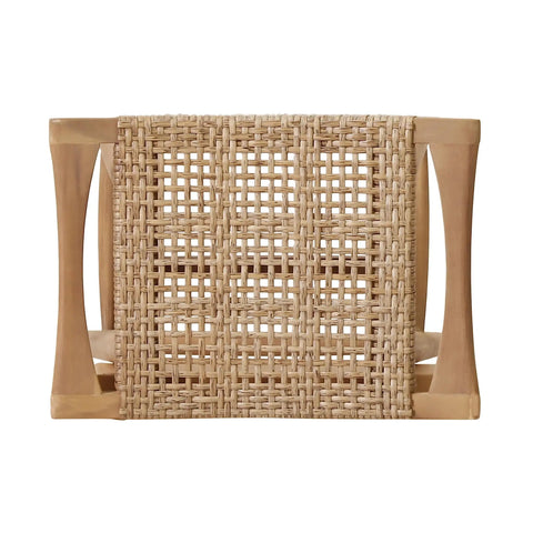Bottom view of Magwen Outdoor Acacia Wood Barstool With Wicker Set Of Two Rustic Patio Seating showing wicker detail.