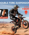 Rider on X1 Spark Electric Dirt Bike 60V 28.8Ah Battery 4500W Peak Motor Delivers 50 MPH with double fork suspension on desert trail