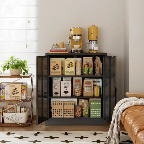 Heavy Duty Metal Storage Cabinet With Locking Doors And Adjustable Shelves, 36 Inch Tall Steel Cabinet in living room setup with coffee supplies