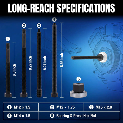 All In One Harmonic Balancer Installer Set with long-reach adapters and nut bearing assembly, shown with specifications.