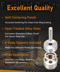 Solid Coin Ring Center Punch Kit With Six Interchangeable Spacer Rings fits silver quarters, includes a self-centering punch.