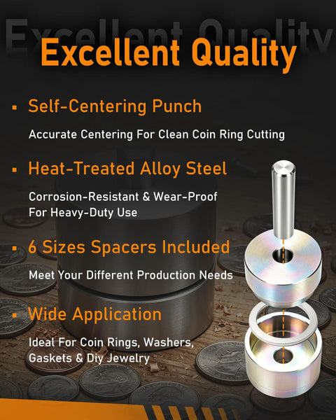 Solid Coin Ring Center Punch Kit With Six Interchangeable Spacer Rings fits silver quarters, includes a self-centering punch.