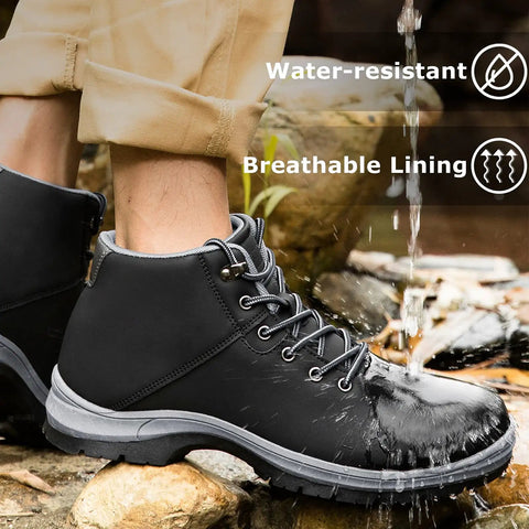 Go-To Water Resistant Lightweight Hiking Boots For Men, Mid Ankle Work Casual Shoes with water splashes, side view.